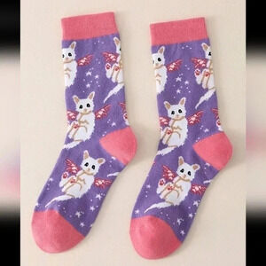 Cute purple pink flying cat angel socks kawaii Pokemon crew cut women's shoes si